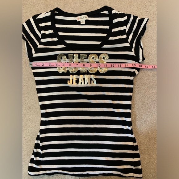 Guess Women Black White Stripe Gold Sequin Logo T-shirt Size Medium - Picture 7 of 8